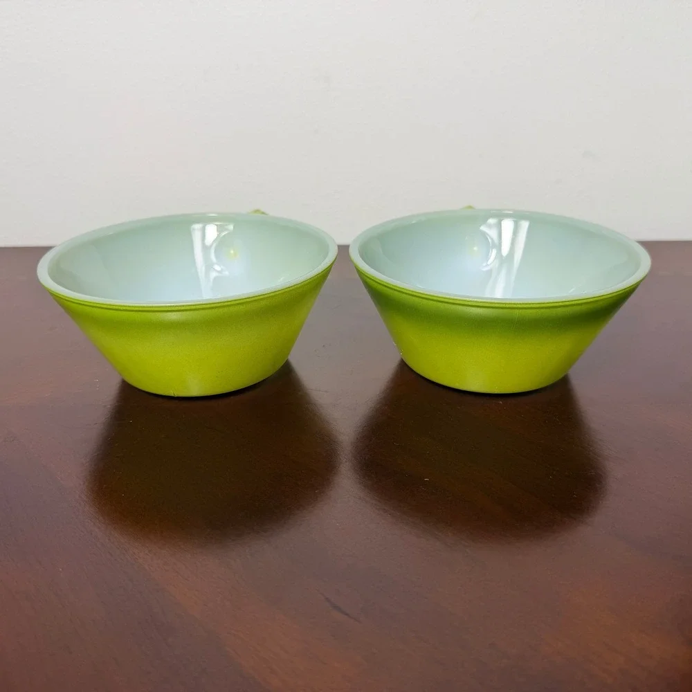 Vintage Fire King Green Ombre Handled Soup Bowls Set of 2 1960s Anchor Hocking